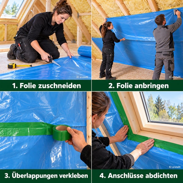 Anleitung zur Montage einer Dampfbremsfolie am Dachstuhl in vier Schritten: Zuschneiden, Befestigen, Überlappungen verkleben und Anschlüsse abdichten.