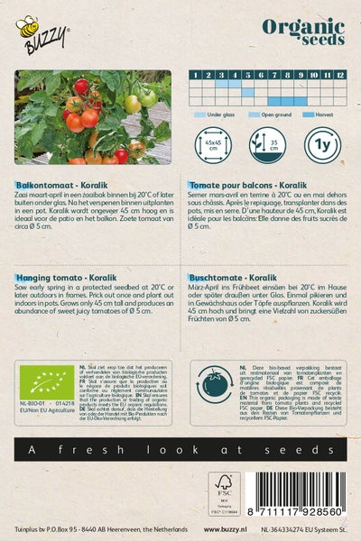 Bio-Saatgutpackung für Koralik-Tomaten mit Anbauhinweisen