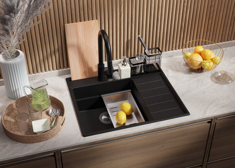 PRIMAGRAN Spülbecken Schwarz Metallic 62x53cm, Granitspüle 1 Becken + Ablauf-Set + Küchenzubehörset, Küchenspüle ab 45er Unterschrank - Sydney Pocket