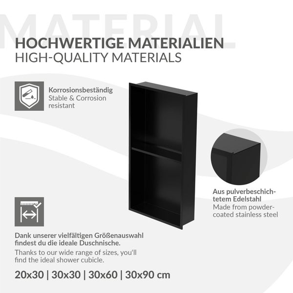 Schwarze Wandnische mit zwei Fächern und Maßangaben: 620 Millimeter hoch, 320 Millimeter breit und 100 Millimeter tief.