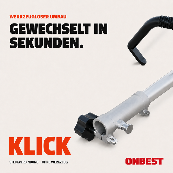 ONBEST Logo, werkzeuglose Steckverbindung mit Drehknopf für einen schnellen Umbau ohne Werkzeug.