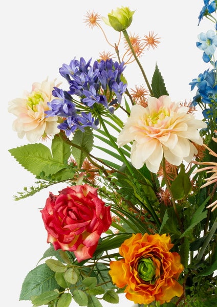 Künstlicher Blumenstrauß mit Rosen, Lilien und Chrysanthemen in einer Vase.