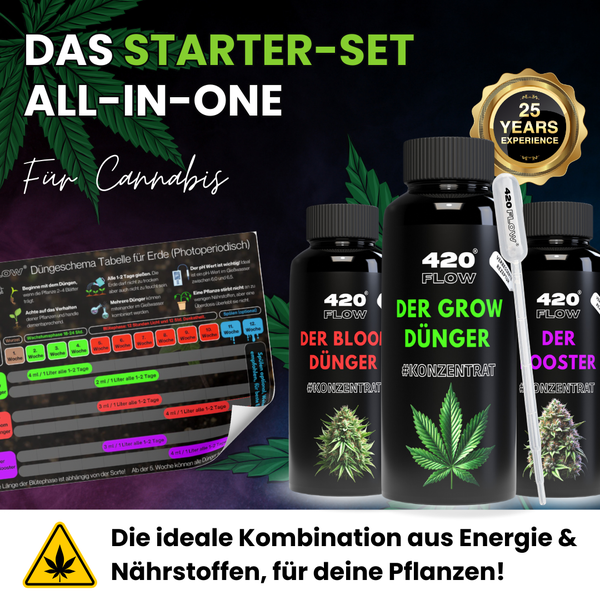 420 Flow Cannabis Dünger Starter Set mit drei Flaschen Konzentrat, Dosierpipette und Düngeschema Tabelle für die Pflanzenzucht.