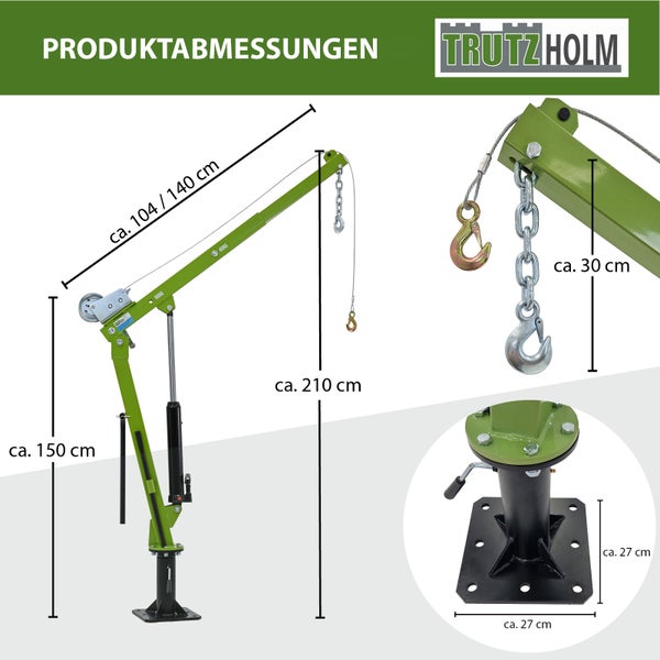 Trutzholm Werkstattkran mit Maßangaben in Zentimeter zur Montage auf der Ladefläche oder im Boden.