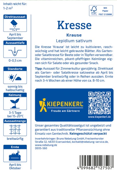 Saatgut Kresse Krause von Kiepenkerl mit Anbauhinweisen auf der Rückseite der Verpackung.
