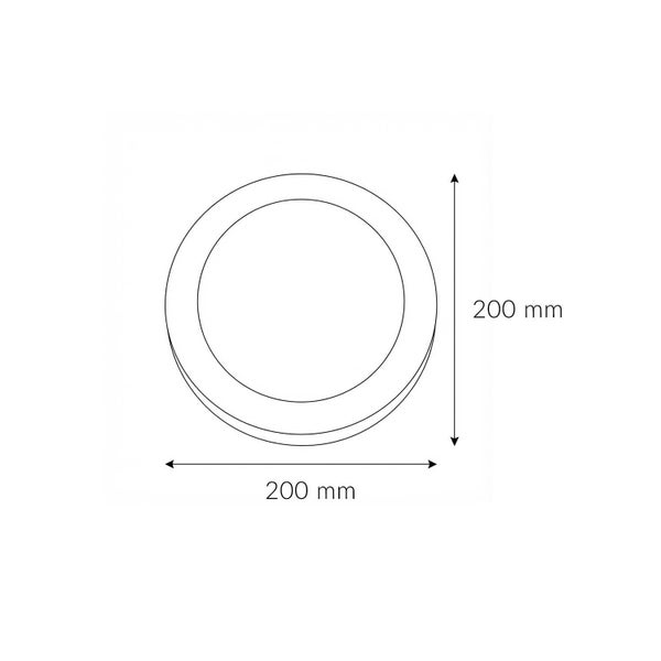Technische Zeichnung einer runden Leuchte mit den Maßen 200 mm x 200 mm.