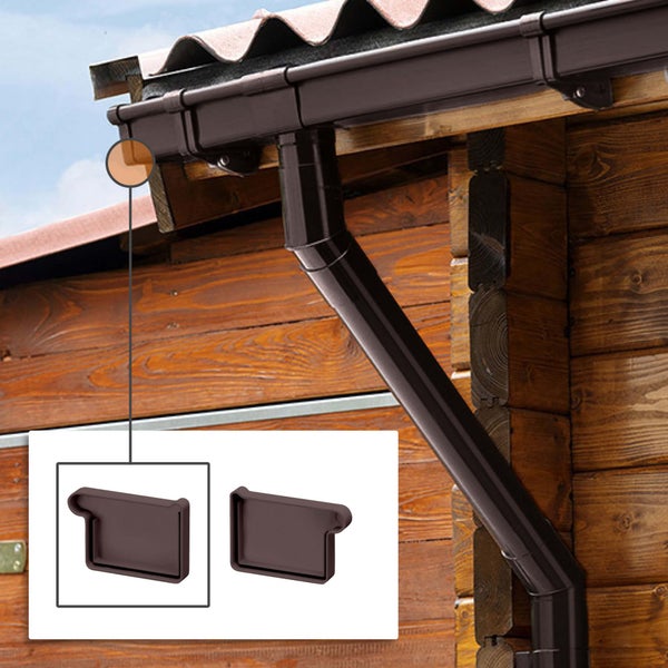 Braunes Dachrinnen-Endstück aus Kunststoff, montiert an einem Gartenhaus aus Holz, mit Detailansicht der Einzelteile.