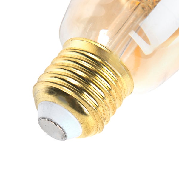 Nahaufnahme eines Leuchtmittels mit einem goldfarbenen E27 Schraubsockel aus Metall.