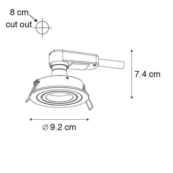 Maßzeichnung für Einbaustrahler mit einem Durchmesser von 9,2 Zentimetern, einer Höhe von 7,4 Zentimetern und einem Lochausschnitt von 8 Zentimetern.