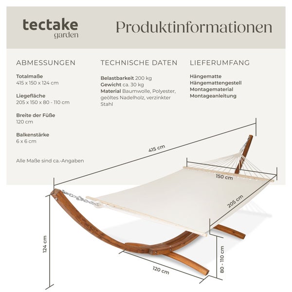 Produktinformationen zur Hängematte von tectake garden mit Abmessungen und technischen Daten.