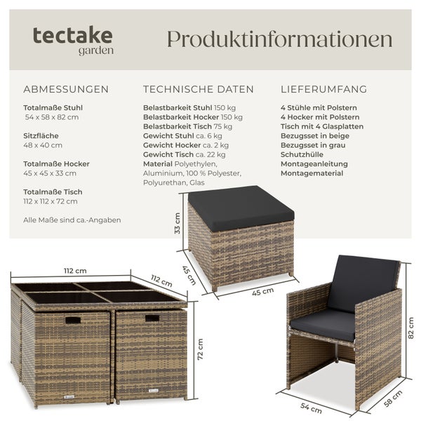 Rattan Sitzgruppe tectake Manhattan 2 Bezugssets, zusammenschiebbar, inklusive Schutzhülle mit Aluminiumgestell natur