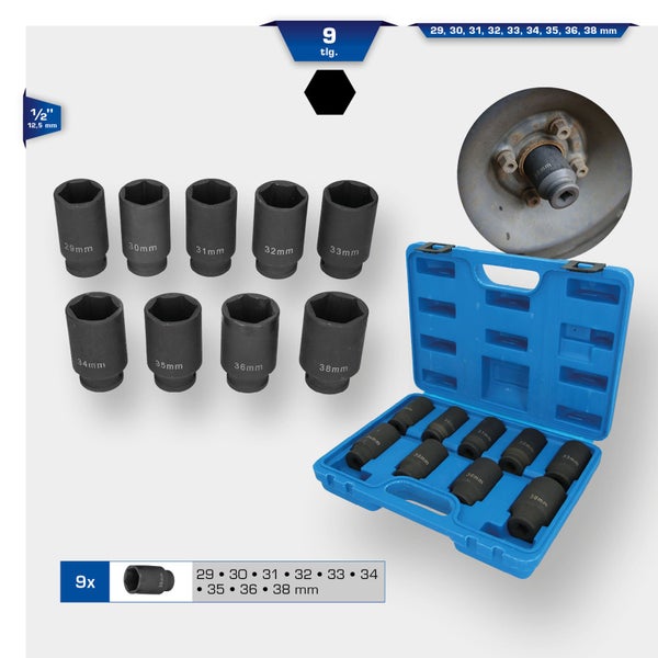Neun-teiliges Set Steckschlüssel Einsätze mit Größen von 29 bis 38 Millimeter in blauem Werkzeugkoffer