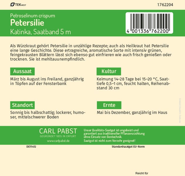Rückseite der Samentüte für Petersilie Katinka, Saatband 5 Meter, mit Hinweisen zu Aussaat, Kultur, Standort und Ernte. Carl Pabst Logo.