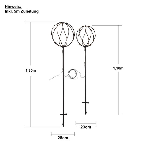 Zwei Gartenleuchten mit Erdspieß und Kugelform
