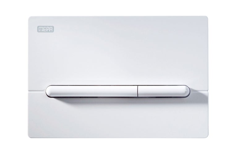 Weiße MEPA Betätigungsplatte für die Toilette mit Zwei-Mengen-Spülung und horizontaler Taste. MEPA Logo.