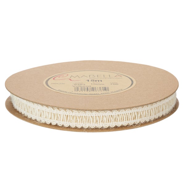 Mabella Dekoband Volturno aus 100 Prozent Jute, 15 Millimeter breit, 15 Meter lang auf Papprolle.