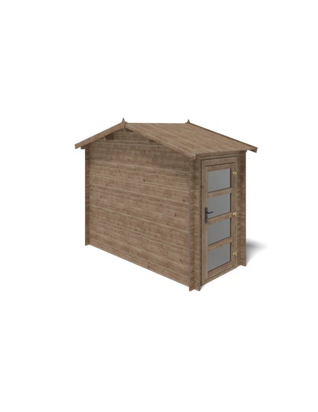 Holz-Gartenhaus mit Satteldach und einer Einzeltür mit vier Lichtausschnitten.