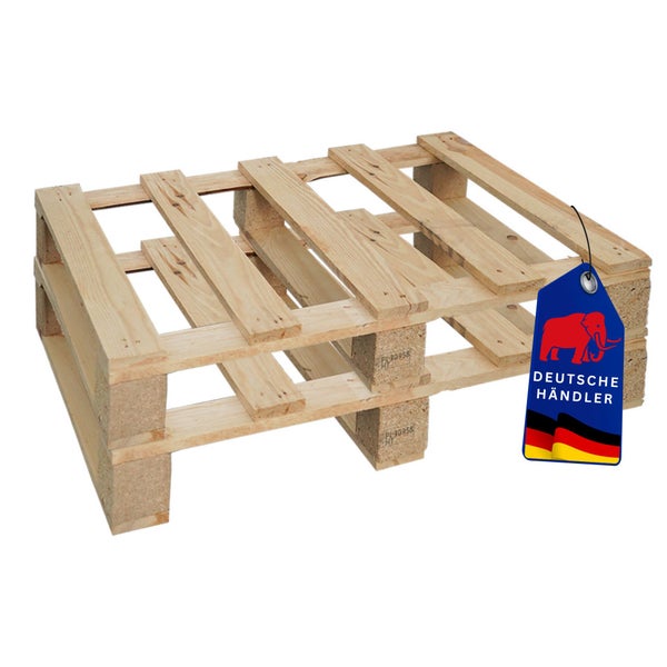 Zwei Holzpaletten gestapelt, Siegel Deutsche Händler und Hornbach Logo.