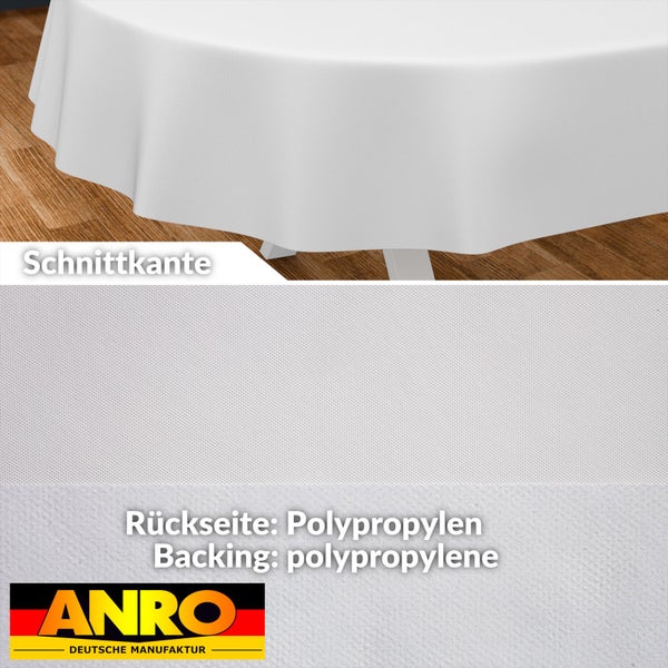 Rundes, weißes Wachstuch mit Schnittkante und Rückseite aus Polypropylen, ANRO Logo