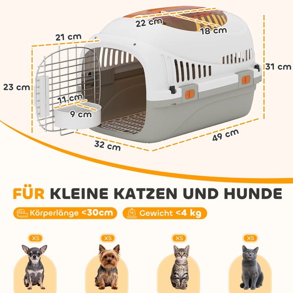 Transportbox für kleine Hunde und Katzen der Größe XS mit Maßen 49 Zentimeter lang, 32 Zentimeter breit und 31 Zentimeter hoch. Bis 4 Kilogramm.
