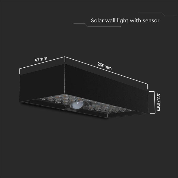 Solar Wandleuchte mit Sensor und den Abmessungen 230 mm x 97 mm x 42,7 mm