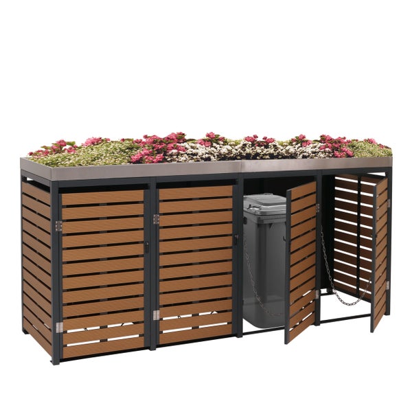 Nahaufnahme eines Hochbeets mit Metallwanne und horizontalen Lamellen in Holzoptik.