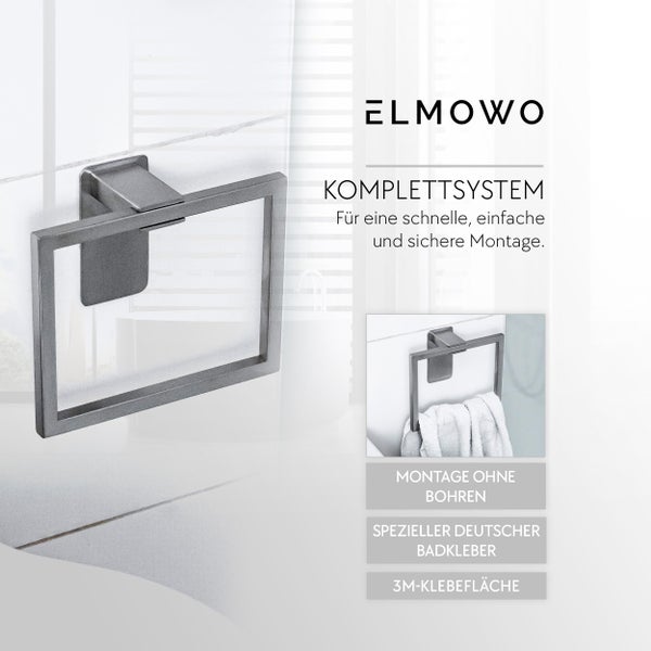 Quadratischer Handtuchhalter von ELMOWO zur Montage ohne Bohren mit speziellem Badkleber und 3M Klebefläche.