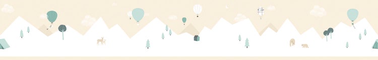 Illustration einer Berglandschaft mit Heißluftballons, Tieren und Zelten