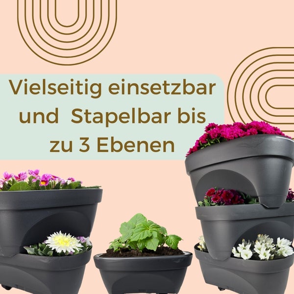 Erdbeertopf Pflanzturm Blumentopf Hoch Pflanzsäule Kräutertopf Balkon Pflanzkübel Anthrazit Kräuterturm Pflanztopf Outdoor Säulentopf SET 3 Ebenen Roller