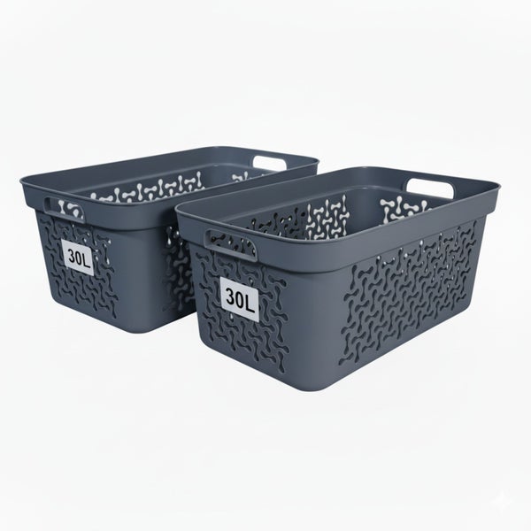 Zwei graue Wäschekörbe aus Kunststoff mit einem Fassungsvermögen von 30 Litern