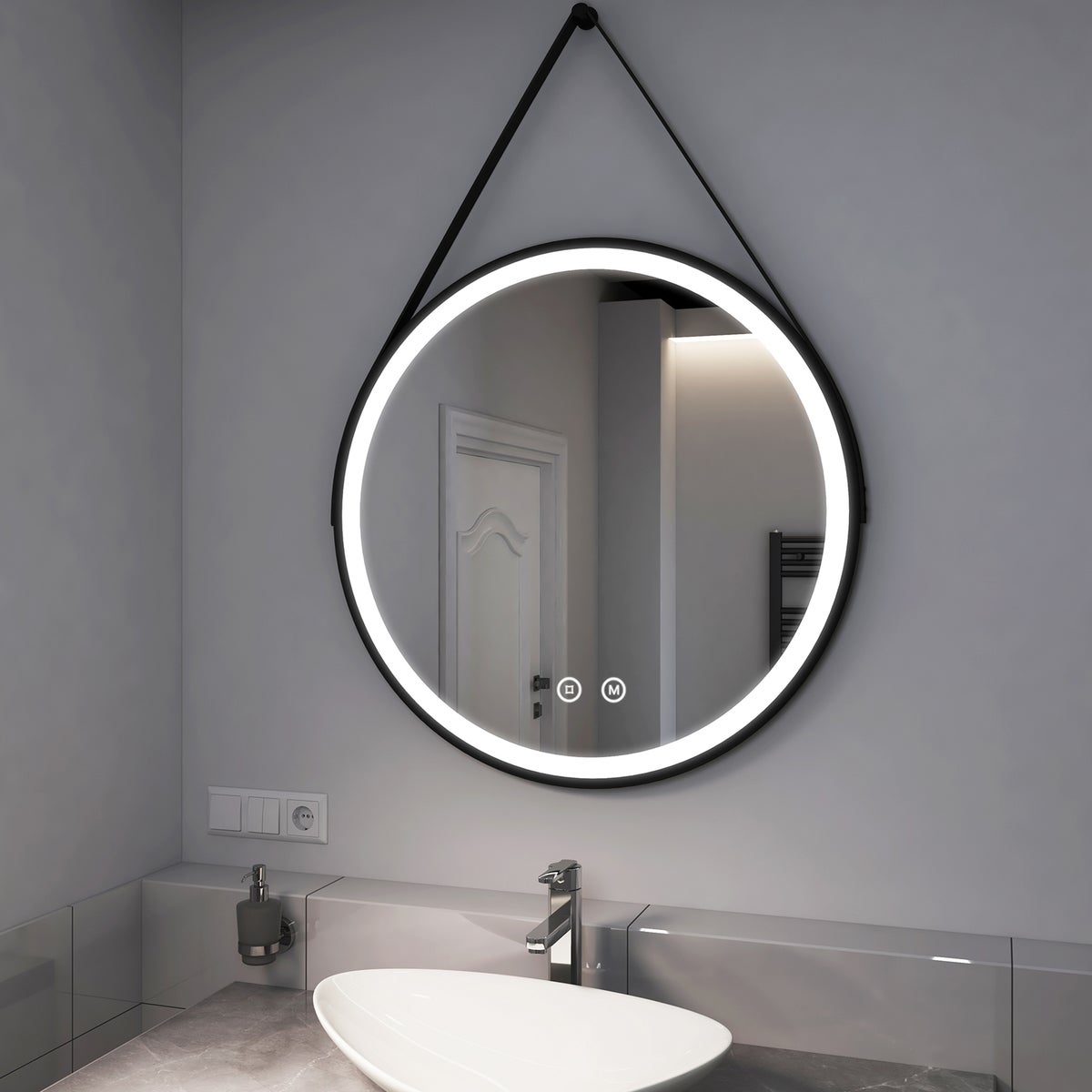 EMKE Badspiegel mit Beleuchtung Schwarz Rahmen und Riemen ф80cm, 3 Lichtfarben,Dimmbar