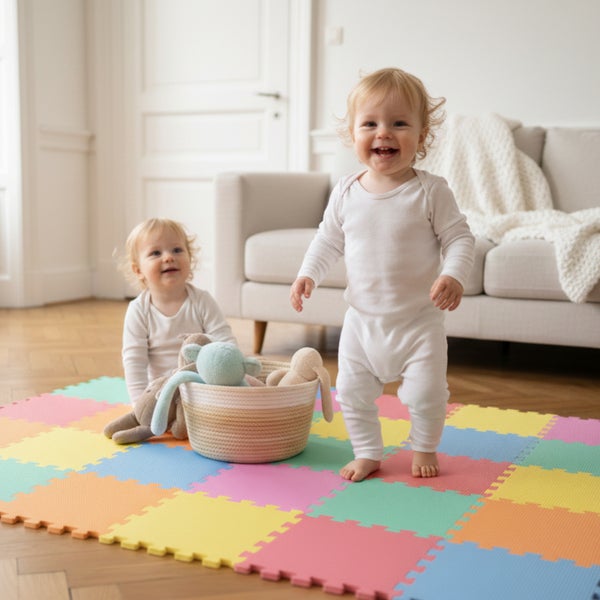Farbenfrohe Puzzlematte aus Schaumstoff im Wohnzimmer mit zwei spielenden Kleinkindern und einem Korb voller Stofftiere.