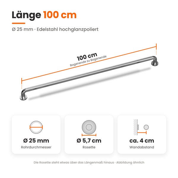 Edelstahl Haltegriff hochglanzpoliert 100 cm Länge 25 mm Rohrdurchmesser mit Maßangaben
