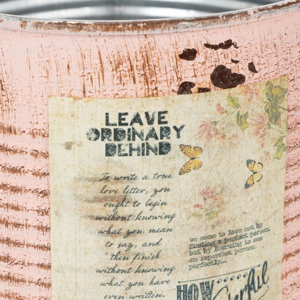 Blumentopf im Vintage-Stil mit abgenutzter Oberfläche und Etikett mit dem Text Leave Ordinary Behind, Schmetterlingen und Blumen.