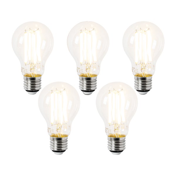 Fünf LED-Filament-Leuchtmittel in Birnenform mit E27 Sockel aus Glas.