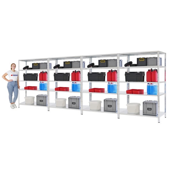 Vierteiliges verzinktes Schwerlastregalsystem für Werkstatt oder Garage, bestückt mit verschiedenen Lagerboxen und Werkzeugen.