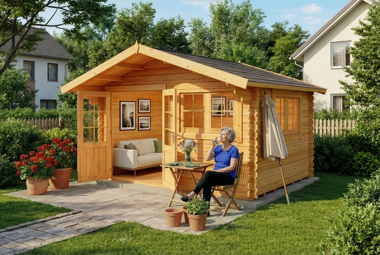 Gartenhaus aus Holz mit Satteldach und Doppeltür, davor eine Terrasse mit einer Frau an einem Holztisch in einem hellen Garten.