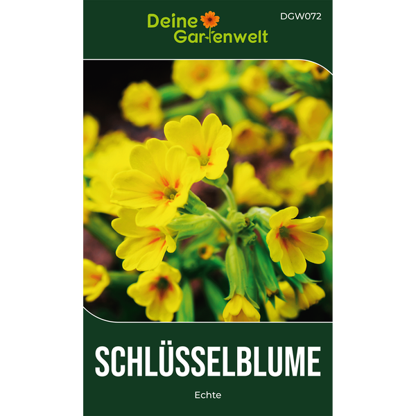 Samentüte für Echte Schlüsselblume mit Deine Gartenwelt Logo und einer Nahaufnahme gelber Blüten.