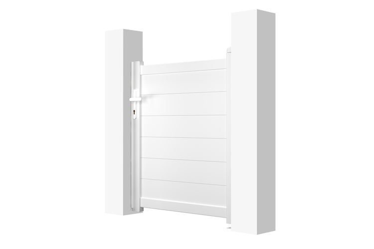 Modernes weißes Gartentor mit horizontalen Paneelen, zwei Pfosten und Drückergarnitur.