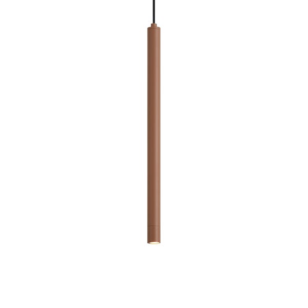 Zylinderförmige, kupferfarbene LED-Pendelleuchte mit schwarzem Kabel und warmweißem Lichtaustritt nach unten.