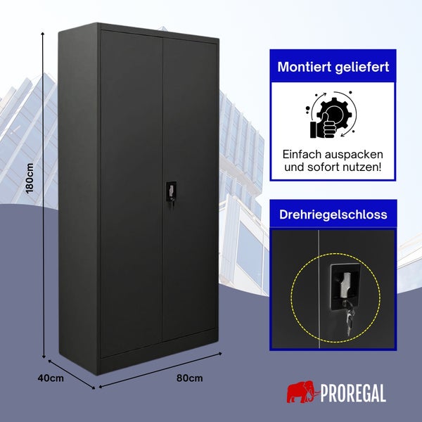 PROREGAL Metallschrank, 180 Zentimeter hoch, 80 Zentimeter breit, 40 Zentimeter tief, montiert geliefert, mit Drehriegelschloss. PROREGAL Logo.