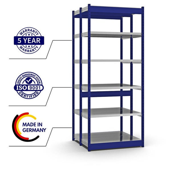 PROREGAL Fachbodenregal Stecksystem Vierkant-Profil Grundregal HxBxT 250 x 102,5 x 40 cm 2x6 Ebenen Doppelseitige Bauart Fachlast 200 kg Enzianblau
