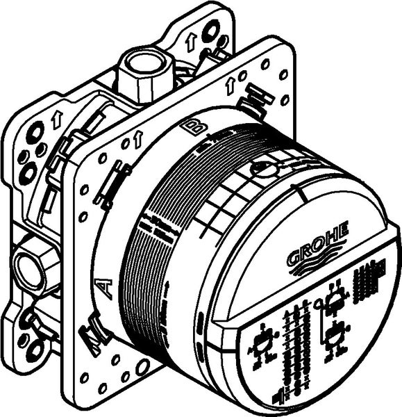 Grohe Rapido SmartBox Universal Unterputz-Einbaukörper für Armaturen mit technischen Markierungen und Grohe Logo.