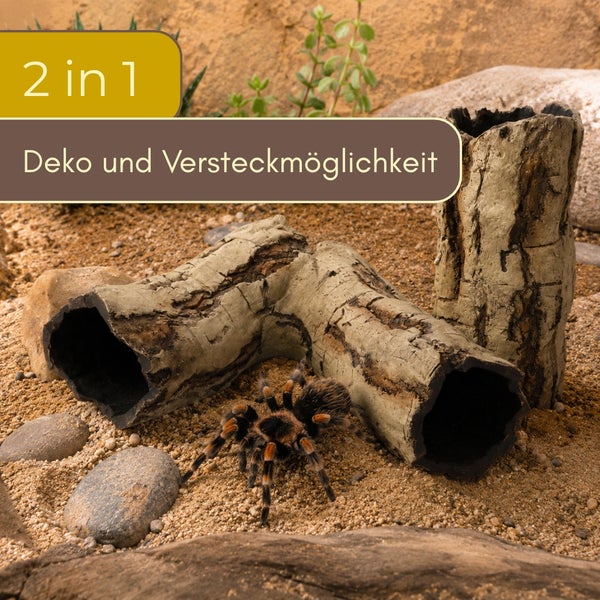 Künstliche Baumstamm-Dekoration und Versteckmöglichkeit für Terrarien, dargestellt mit einer Vogelspinne auf Sandboden und Steinen.