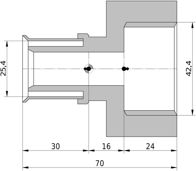 Technische Zeichnung eines Rohrverbinders mit 70 Millimeter Gesamtlänge und Durchmessern von 25,4 Millimeter und 42,4 Millimeter.
