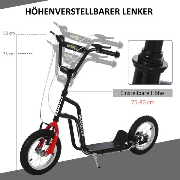 HOMCOM Kinderroller, 120L x 58B x 75-80H cm, Stahl, Aluminium, Gummi, Schwarz