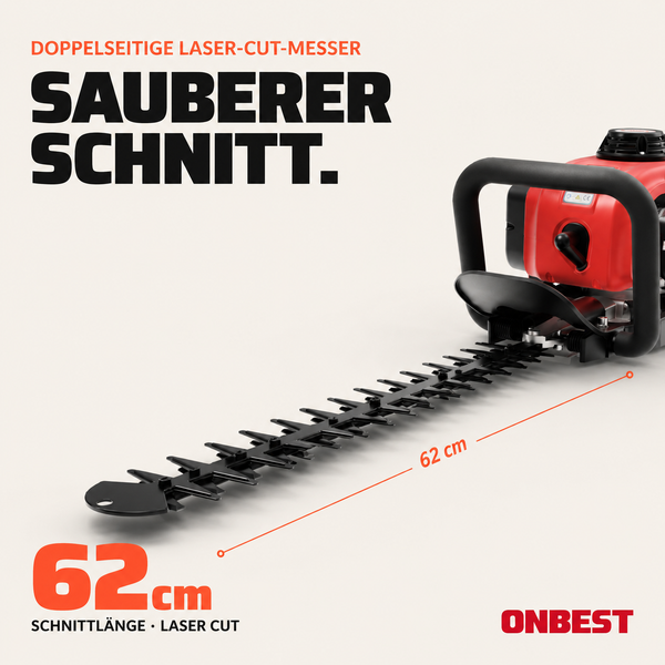 Benzin-Heckenschere mit 62 Zentimeter Schnittlänge und doppelseitigen, lasergeschnittenen Messern für saubere Schnitte. Onbest Logo.