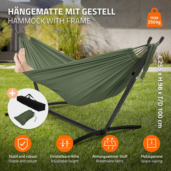ML-Design Doppel Hängematte mit Stahlgestell, Khaki, Platz für 2 Personen, Indoor & Outdoor, XXL Hängesessel mit Tragetasche, Hängemattengestell, Doppelhängematte mit Ständer, für Garten & Balkon
