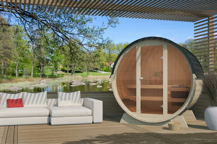 Finn Art Fass-Sauna Luka,  Ø 204 cm, 1 Liegeplatz, 4 Sitzplätze, Glasfront, Dachschindeln Grün, ohne Ofen, Bausatz