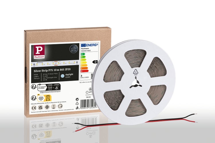 Paulmann LED-Streifen Silver Strip P75, 10 Meter Länge, 6500 Kelvin Tageslichtweiß, Schutzart IP20, mit Verpackung und Spule.